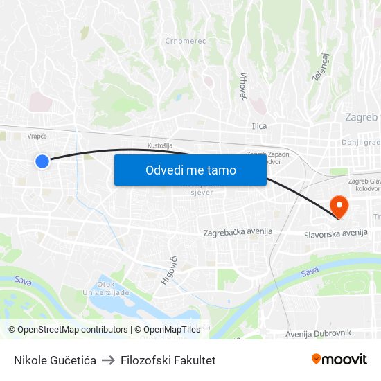 Nikole Gučetića to Filozofski Fakultet map