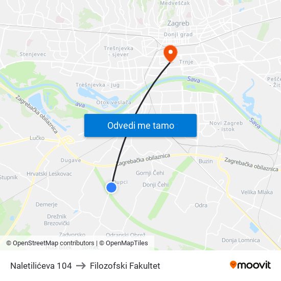 Naletilićeva 104 to Filozofski Fakultet map