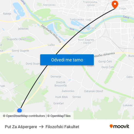 Put Za Ašpergere to Filozofski Fakultet map
