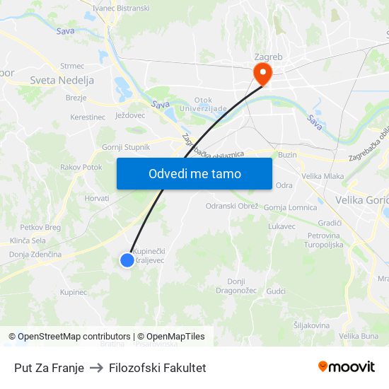 Put Za Franje to Filozofski Fakultet map