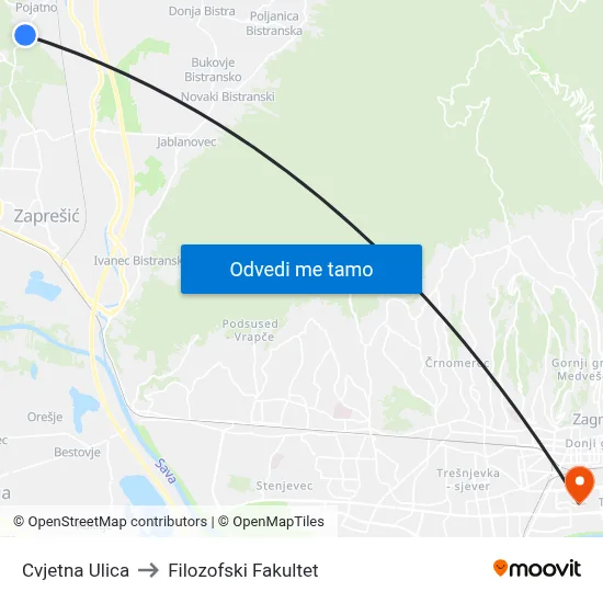 Cvjetna Ulica to Filozofski Fakultet map