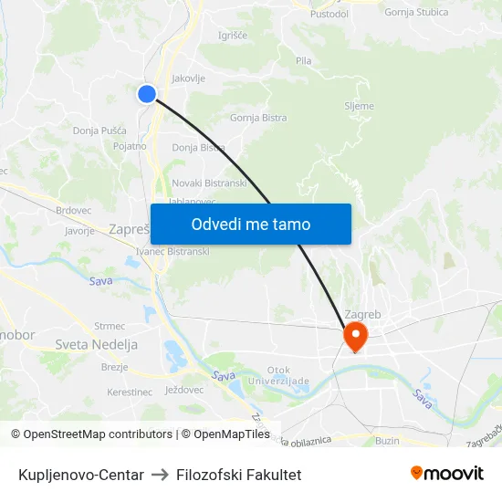 Kupljenovo-Centar to Filozofski Fakultet map
