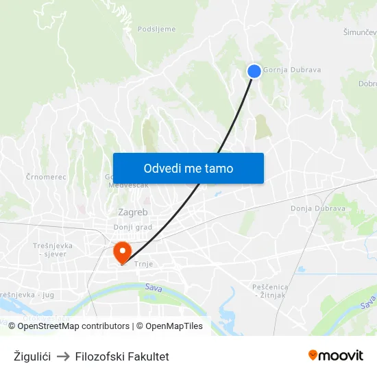 Žigulići to Filozofski Fakultet map