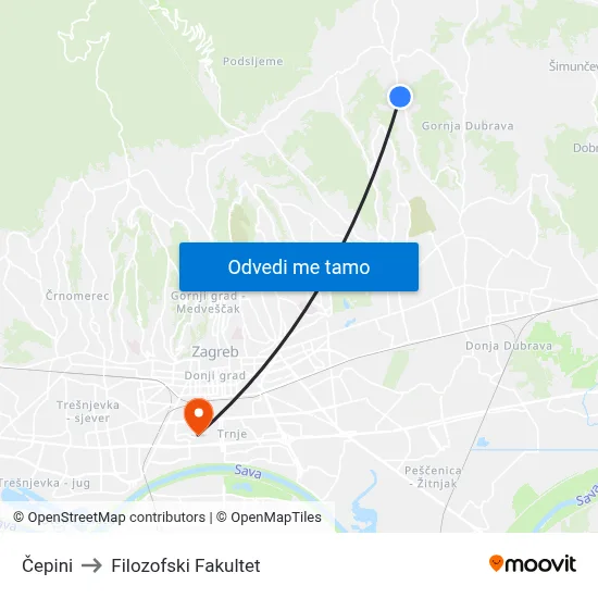 Čepini to Filozofski Fakultet map