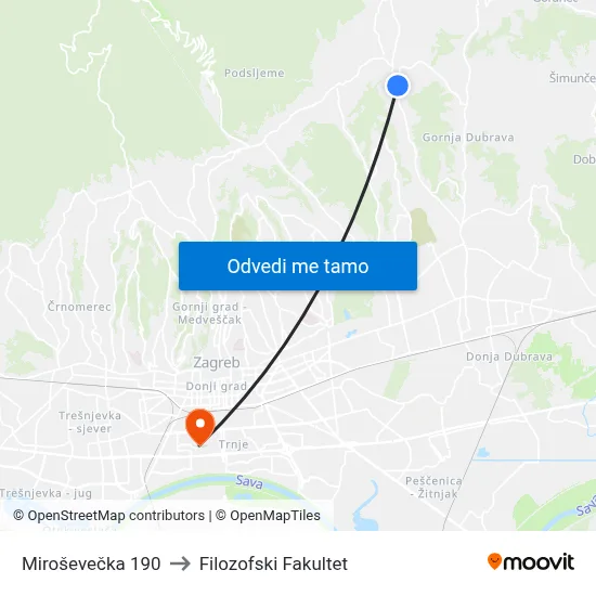 Miroševečka 190 to Filozofski Fakultet map