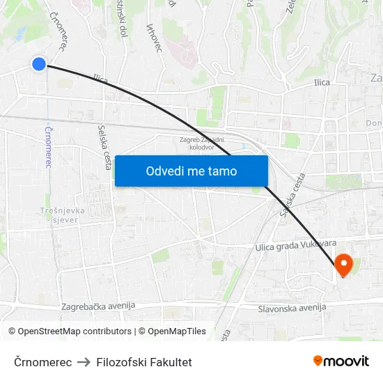 Črnomerec to Filozofski Fakultet map