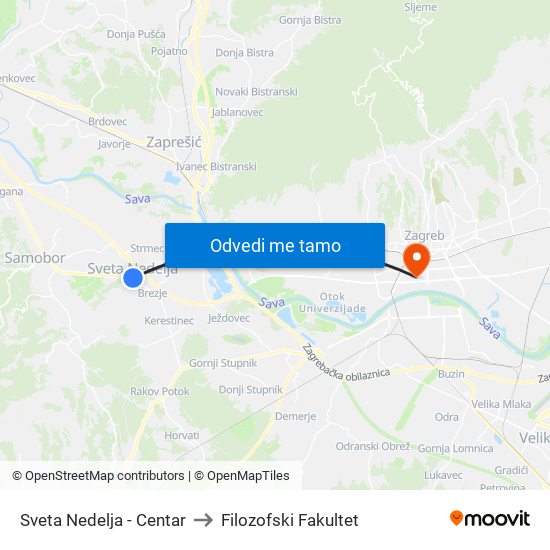 Sveta Nedelja - Centar to Filozofski Fakultet map