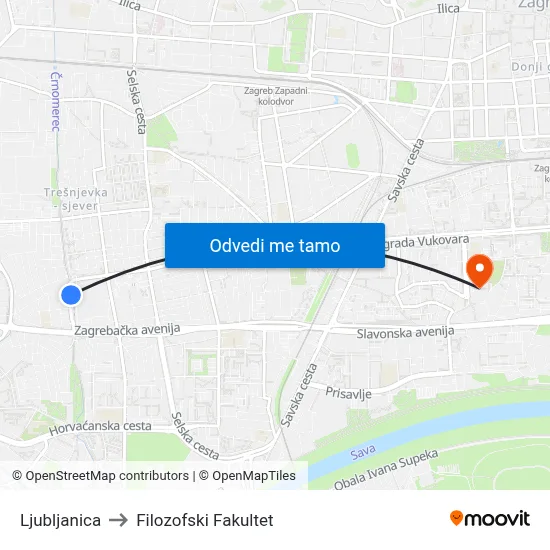 Ljubljanica to Filozofski Fakultet map