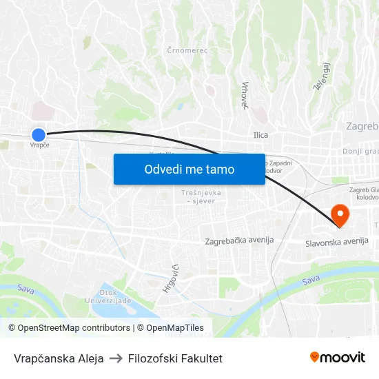 Vrapčanska Aleja to Filozofski Fakultet map