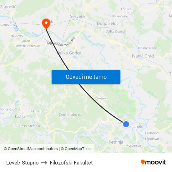 Level/ Stupno to Filozofski Fakultet map
