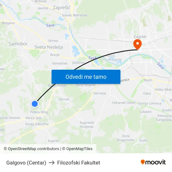 Galgovo (Centar) to Filozofski Fakultet map