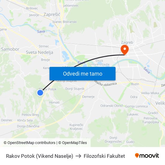 Rakov Potok (Vikend Naselje) to Filozofski Fakultet map