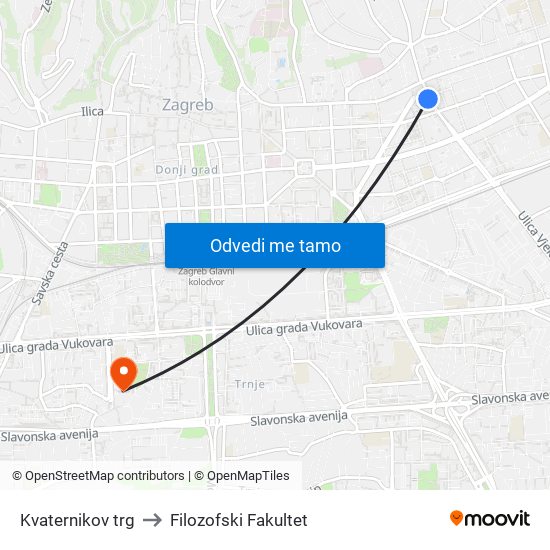 Kvaternikov trg to Filozofski Fakultet map