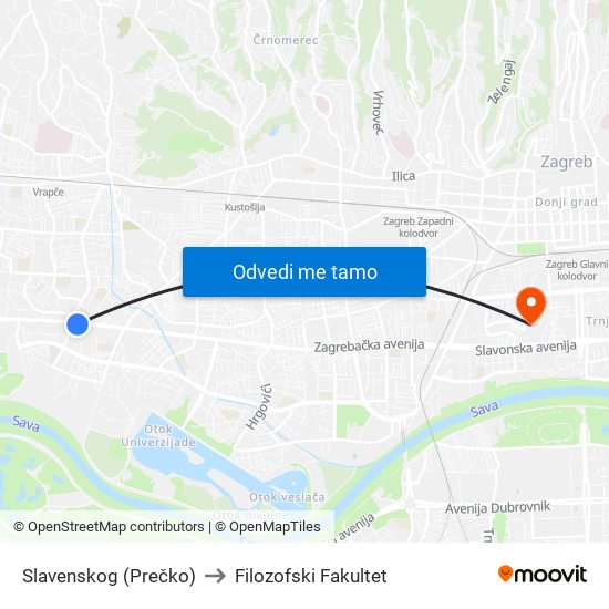 Slavenskog (Prečko) to Filozofski Fakultet map