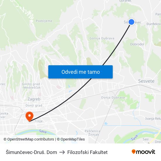 Šimunčevec-Druš. Dom to Filozofski Fakultet map