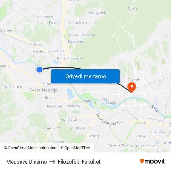 Medsave Dinamo to Filozofski Fakultet map