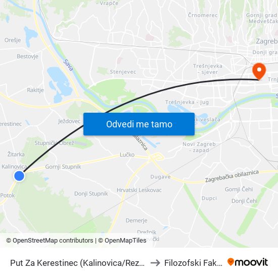 Put Za Kerestinec (Kalinovica/Rezborišće) to Filozofski Fakultet map