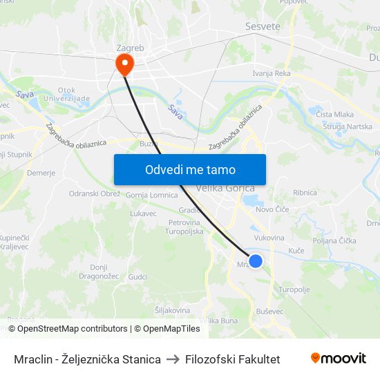 Mraclin - Željeznička Stanica to Filozofski Fakultet map