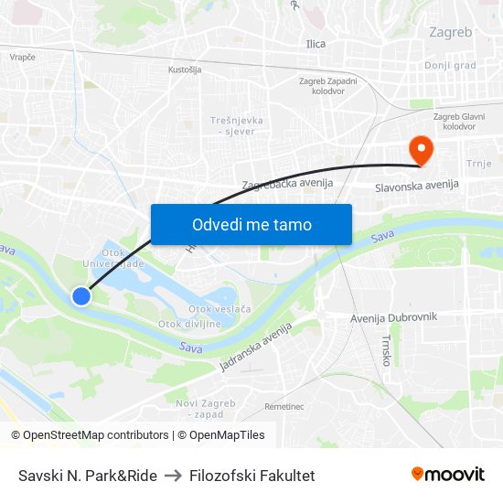 Savski N. Park&Ride to Filozofski Fakultet map