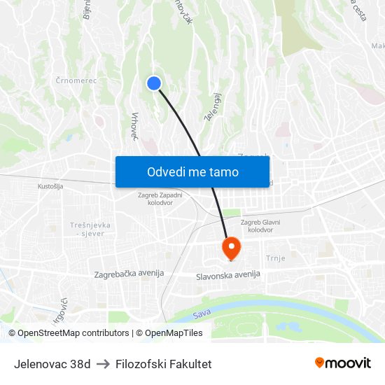Jelenovac 38d to Filozofski Fakultet map