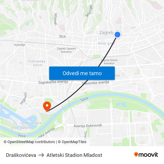 Draškovićeva to Atletski Stadion Mladost map