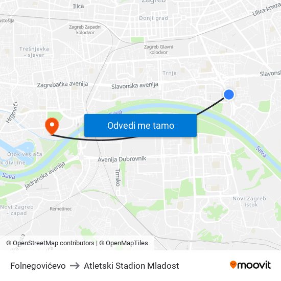 Folnegovićevo to Atletski Stadion Mladost map