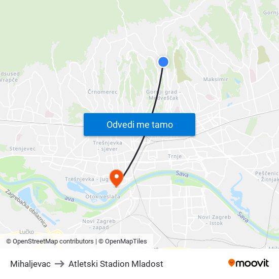 Mihaljevac to Atletski Stadion Mladost map