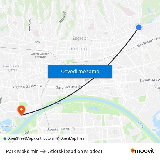 Park Maksimir to Atletski Stadion Mladost map