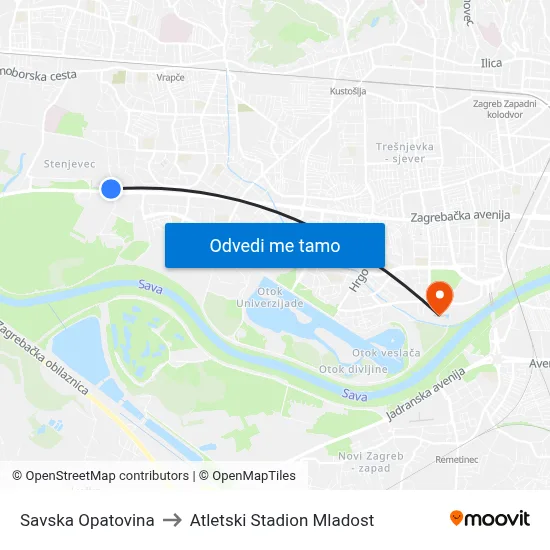 Savska Opatovina to Atletski Stadion Mladost map