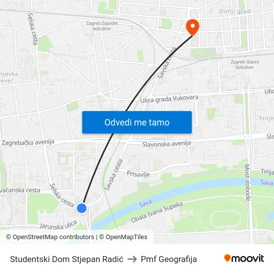 Studentski Dom Stjepan Radić to Pmf Geografija map