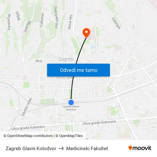 Zagreb Glavni Kolodvor to Medicinski Fakultet map