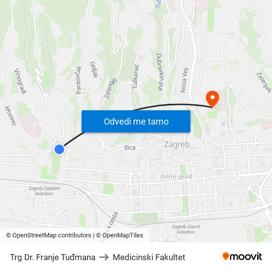 Trg Dr. Franje Tuđmana to Medicinski Fakultet map