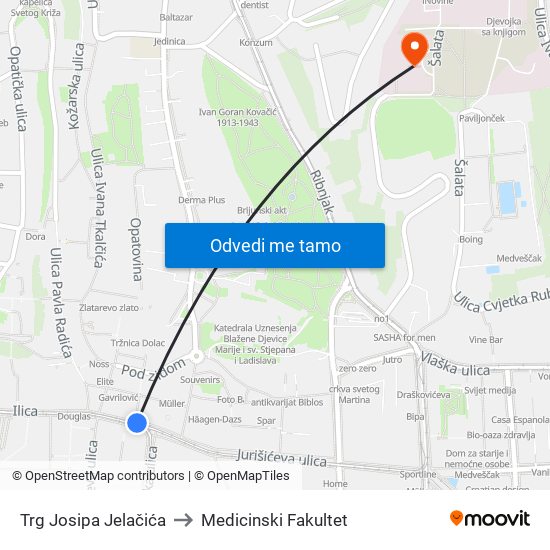 Trg Josipa Jelačića to Medicinski Fakultet map