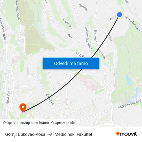 Gornji Bukovac-Kosa to Medicinski Fakultet map