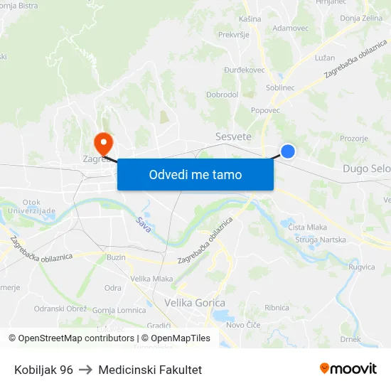 Kobiljak 96 to Medicinski Fakultet map
