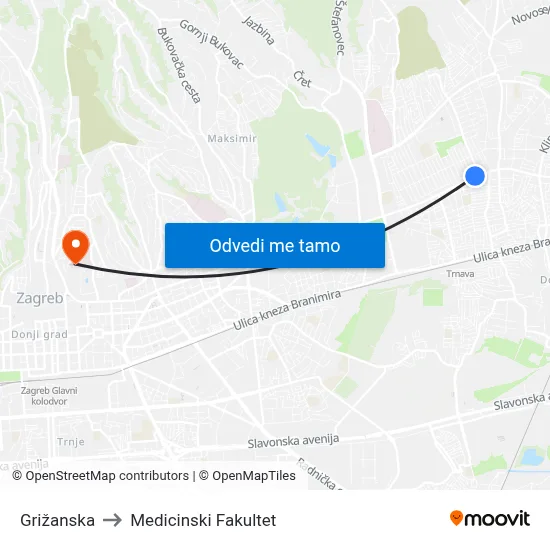Grižanska to Medicinski Fakultet map