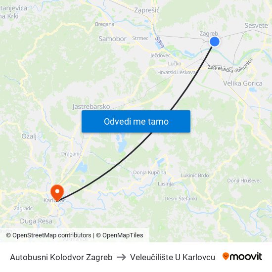 Autobusni Kolodvor Zagreb to Veleučilište U Karlovcu map