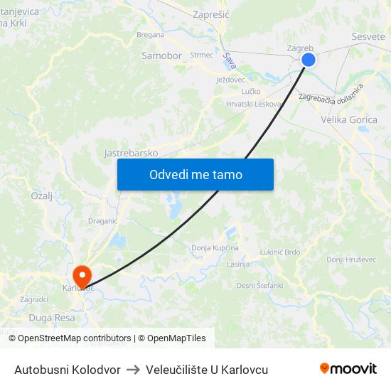 Autobusni Kolodvor to Veleučilište U Karlovcu map