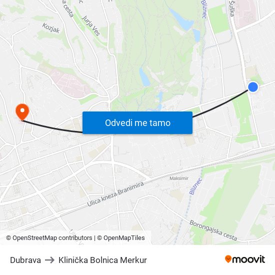 Dubrava to Klinička Bolnica Merkur map