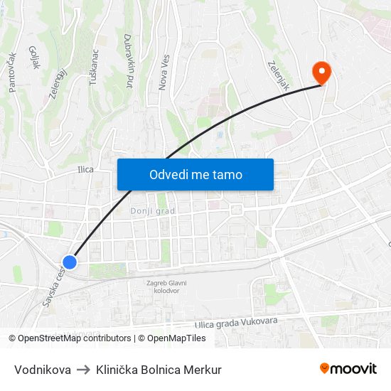 Vodnikova to Klinička Bolnica Merkur map