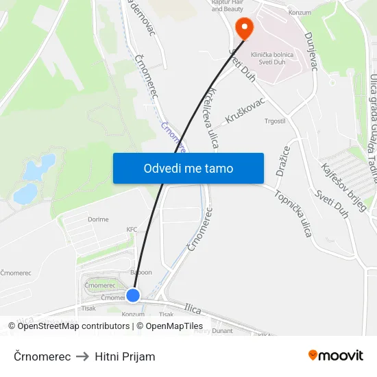 Črnomerec to Hitni Prijam map