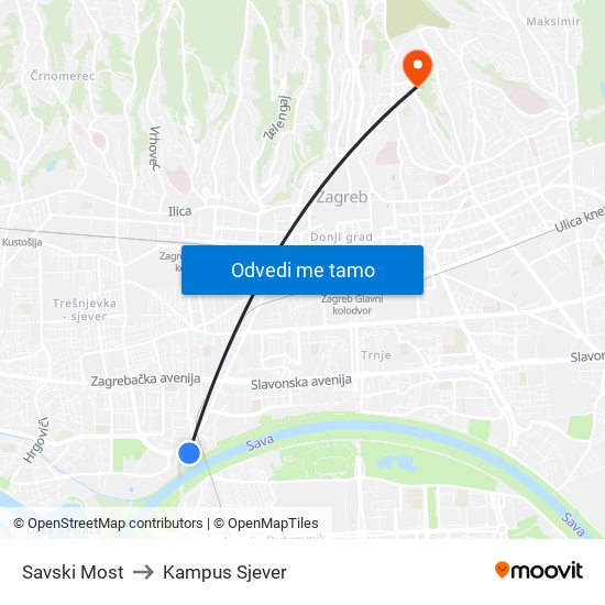 Savski Most to Kampus Sjever map