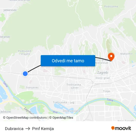 Dubravica to Pmf Kemija map
