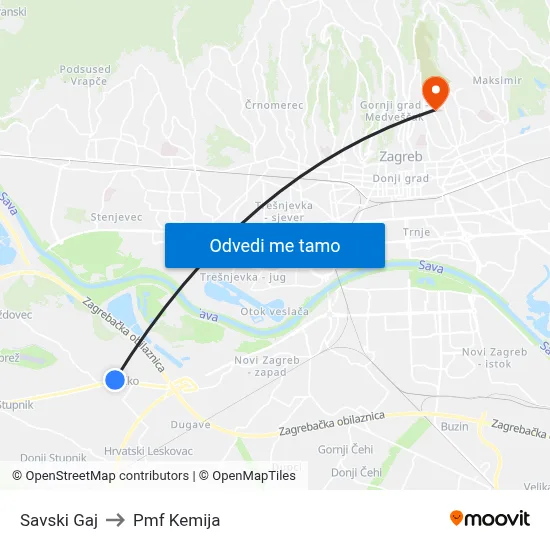 Savski Gaj to Pmf Kemija map