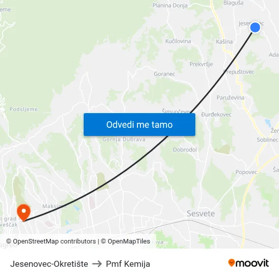 Jesenovec-Okretište to Pmf Kemija map