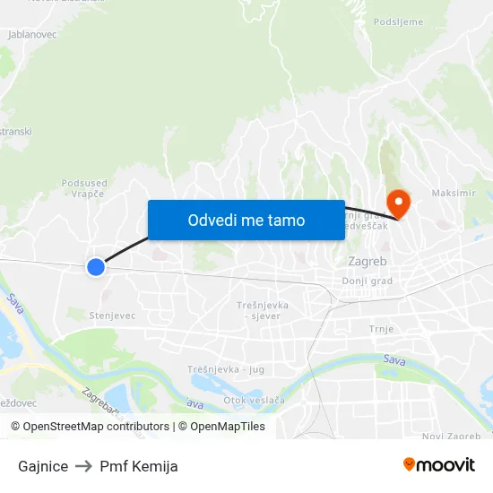 Gajnice to Pmf Kemija map