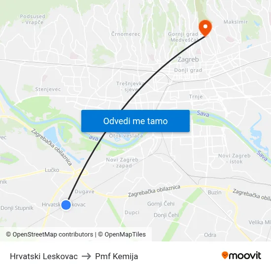 Hrvatski Leskovac to Pmf Kemija map
