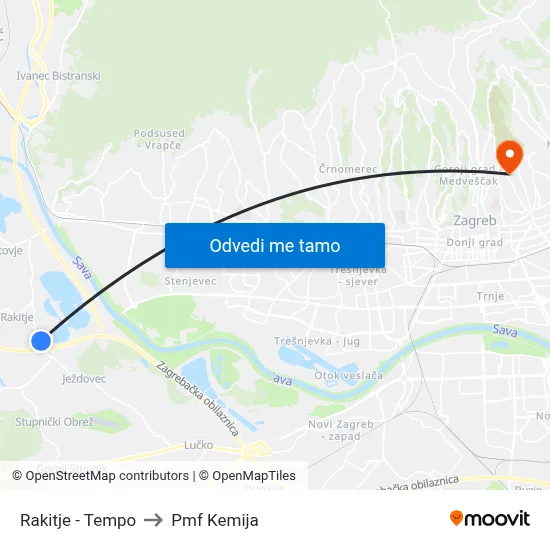 Rakitje - Tempo to Pmf Kemija map