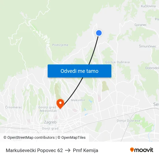 Markuševečki Popovec 62 to Pmf Kemija map