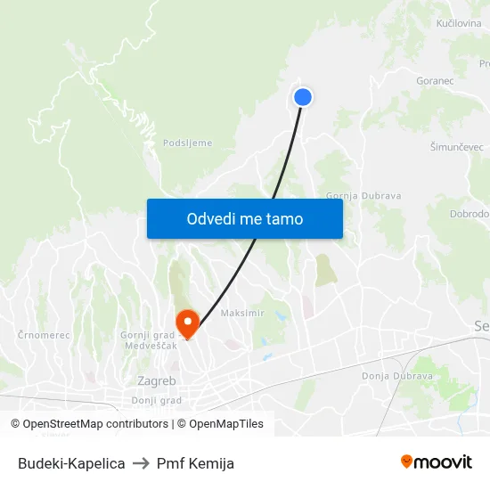 Budeki-Kapelica to Pmf Kemija map